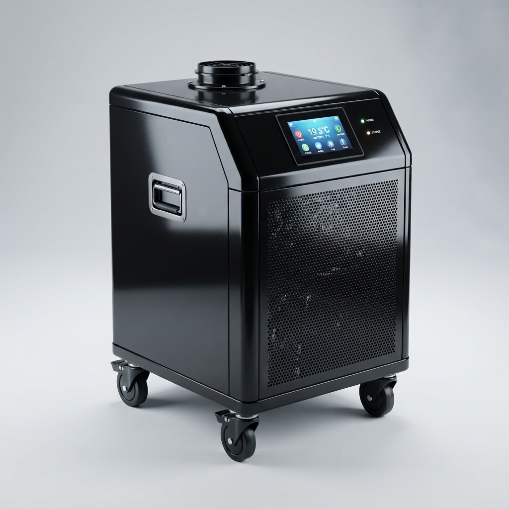 Portable glossy-black hyperbaric air conditioning unit with touchscreen temperature control and perforated ventilation panels