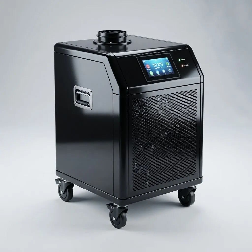 Portable glossy-black hyperbaric air conditioning unit with touchscreen temperature control and perforated ventilation panels