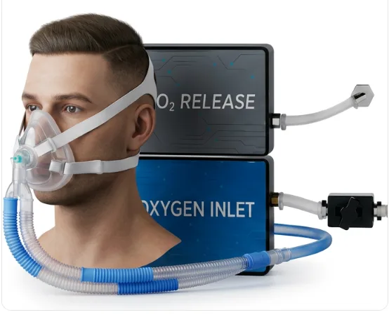 Person wearing a lightweight BIBS oxygen facemask connected by tubing to the O2 release and oxygen inlet units