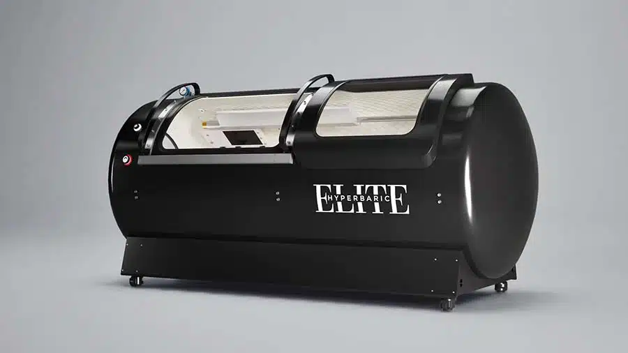 Matte black Elite Ultra 2 hyperbaric chamber, side view