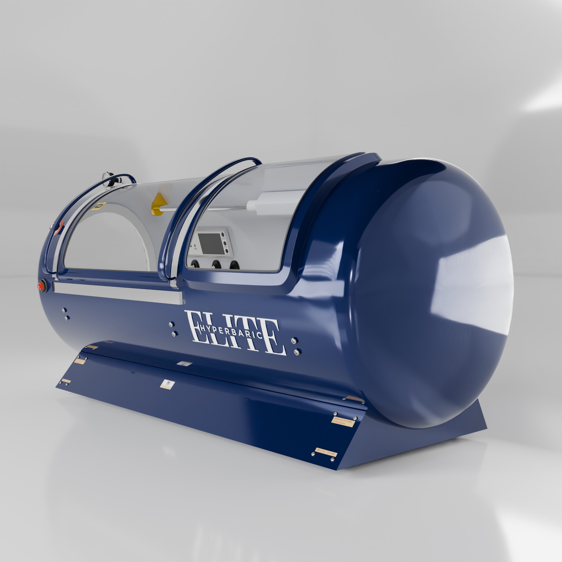 Navy blue Elite Ultra 2 hyperbaric chamber showing the rounded dome end