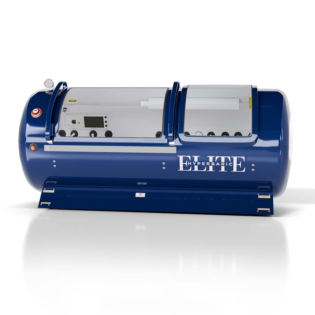 Navy blue Elite Ultra 2 hyperbaric chamber, full side profile