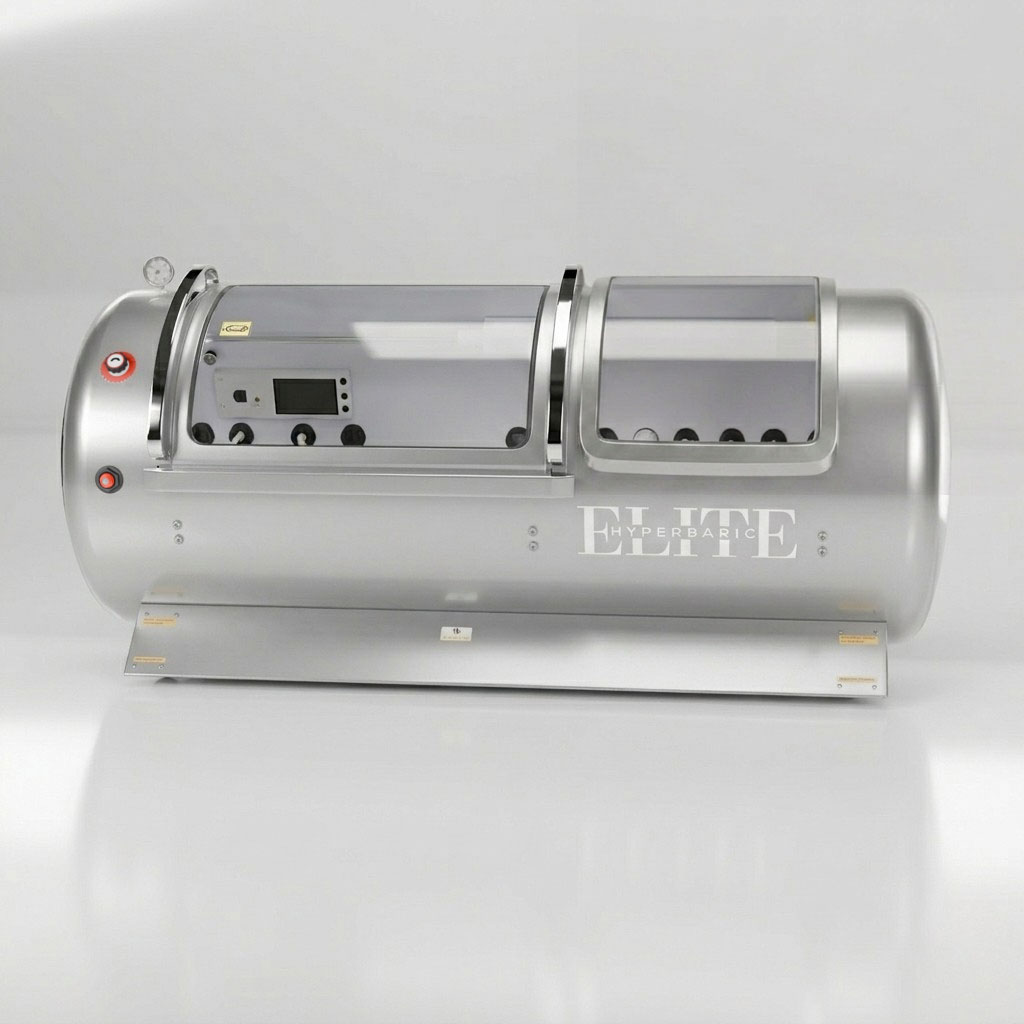 Brushed stainless steel Elite Ultra 2 hyperbaric chamber, angled view with dual windows