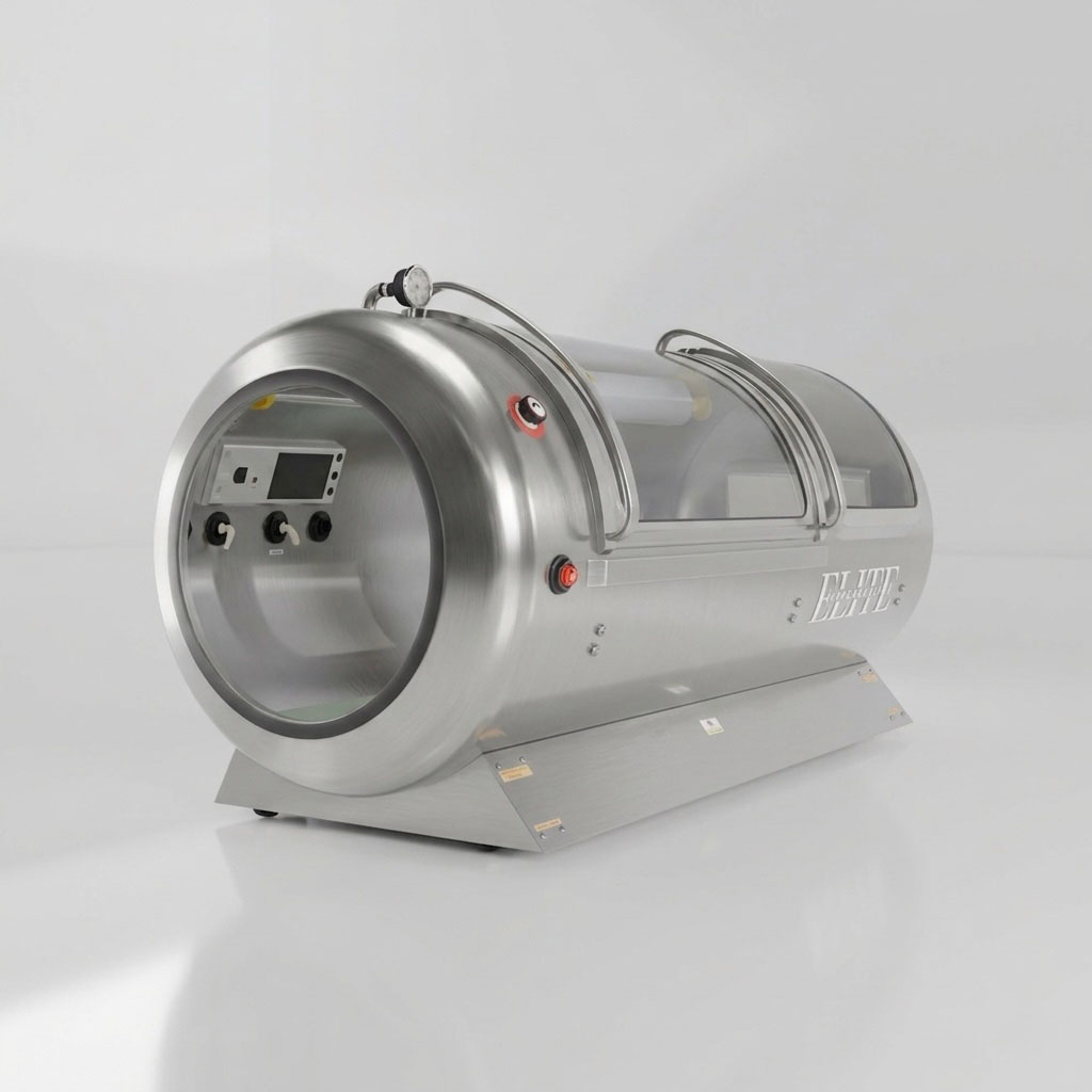 Brushed stainless steel Elite Ultra 2 hyperbaric chamber, angled front view