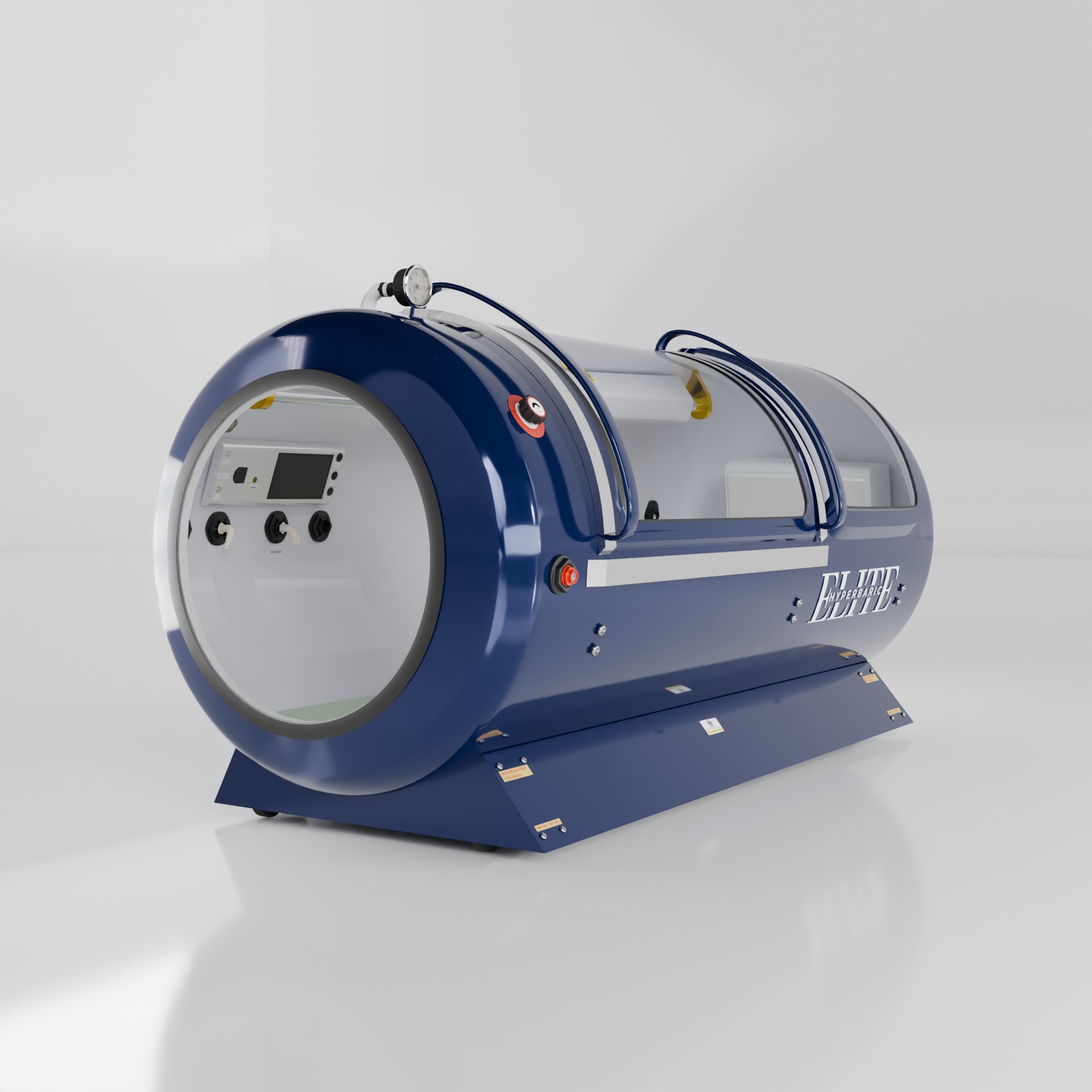 Navy blue Elite Ultra 2 hyperbaric chamber, angled front view showing the control panel and panoramic side windows