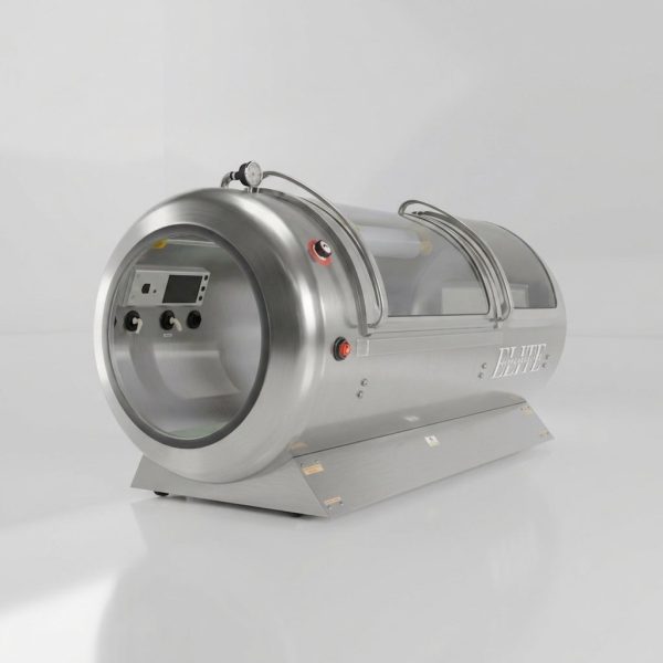 Brushed stainless steel Elite Ultra 2 hyperbaric chamber, angled front view with large viewing windows